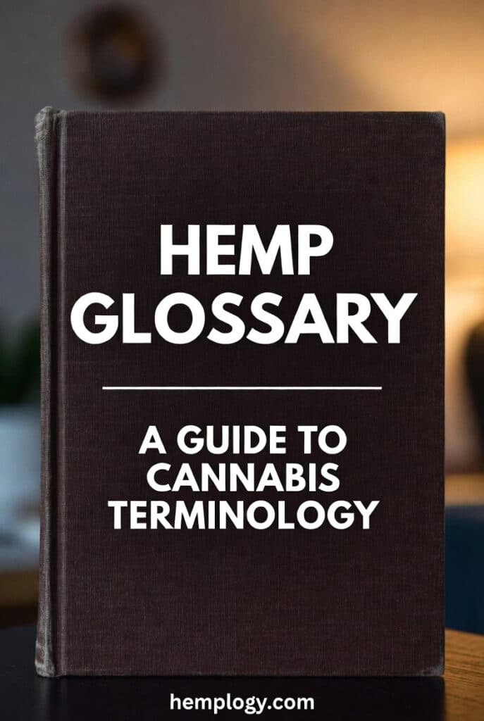 A high-angle shot of a classic, dark brown hardbound book resting on a wooden surface. The cover features bold white text that reads "HEMP GLOSSARY" and "A GUIDE TO CANNABIS TERMINOLOGY
