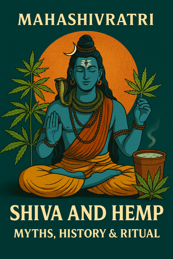 Illustration of Lord Shiva meditating with hemp leaves and a traditional bhang cup, symbolizing the spiritual and cultural connection between Mahashivratri and cannabis.