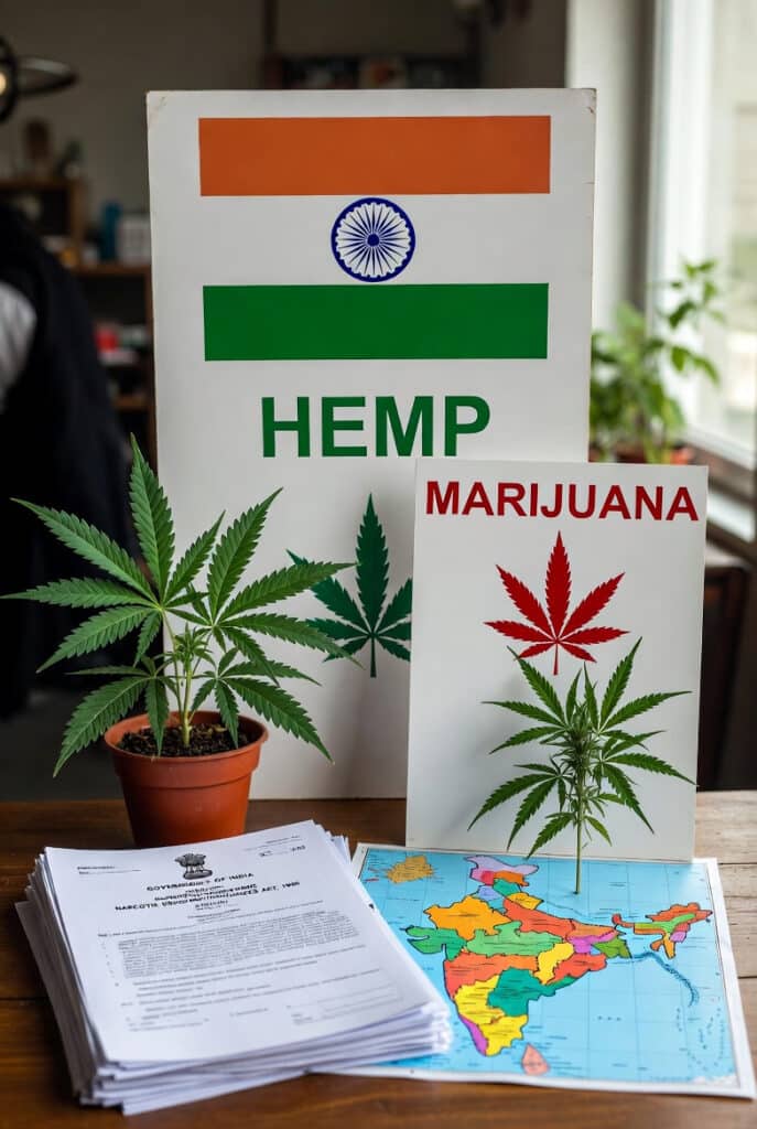 A side-by-side comparison of hemp and marijuana plants featuring the Indian flag, a map of India, and official government documents regarding the NDPS Act.