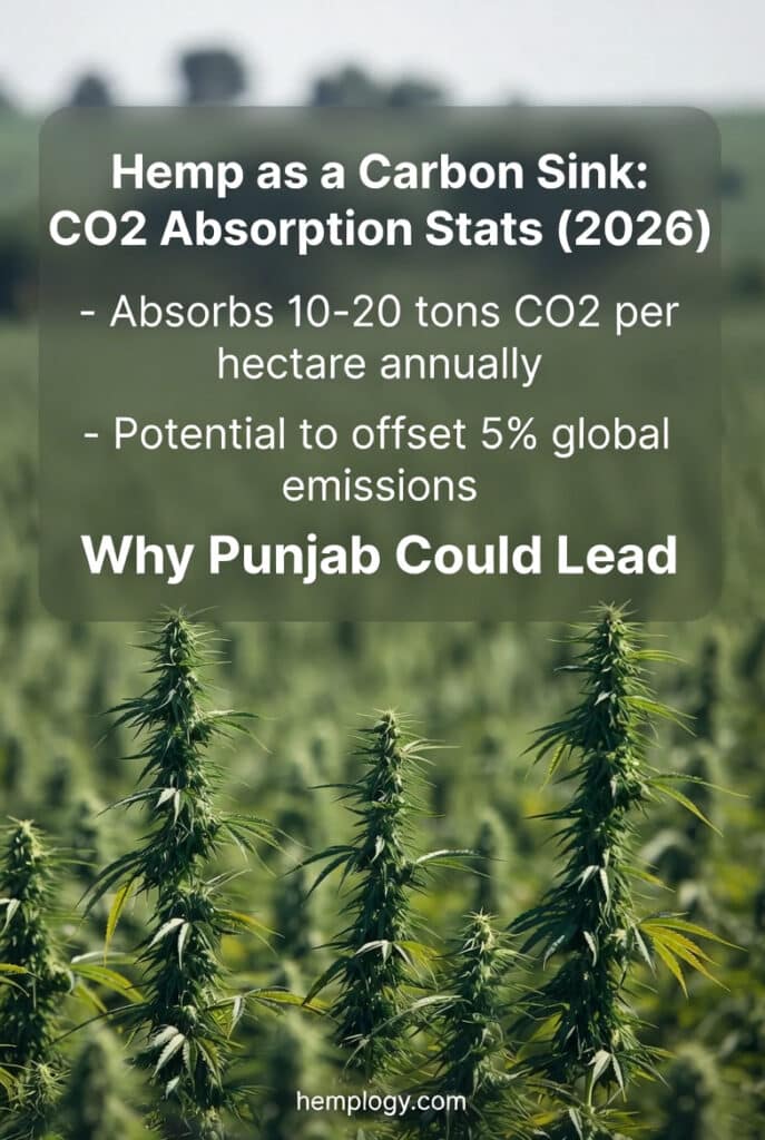 Hemp field in Punjab with infographic overlay showing CO₂ absorption stats and climate impact for 2026.