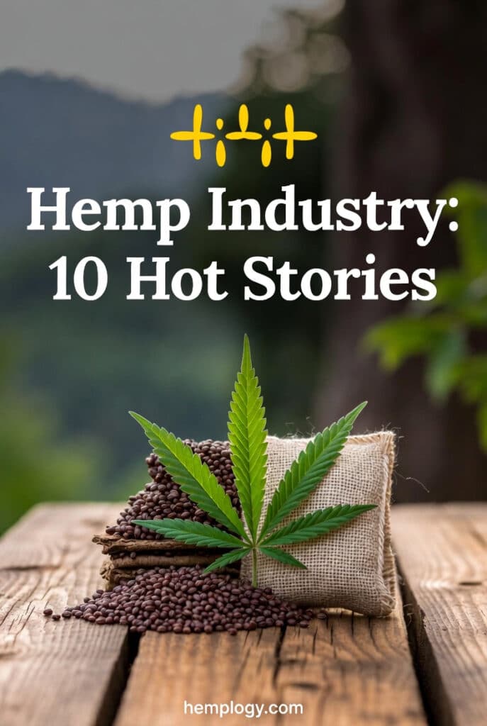 A burlap sack spilling hemp seeds on a rustic wooden surface with a green hemp leaf placed on top, promoting “Hemp Industry: 10 Hot Stories” for hemplogy.com.