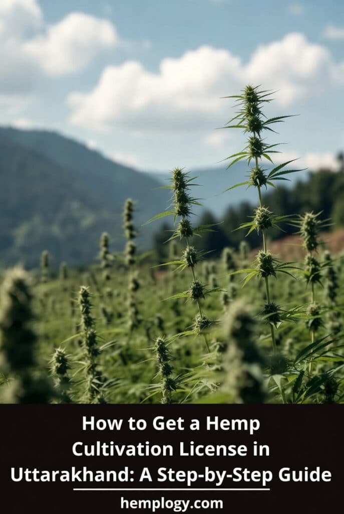 A field of tall, green industrial hemp plants growing against a backdrop of the hazy blue Himalayan mountains in Uttarakhand, India.
