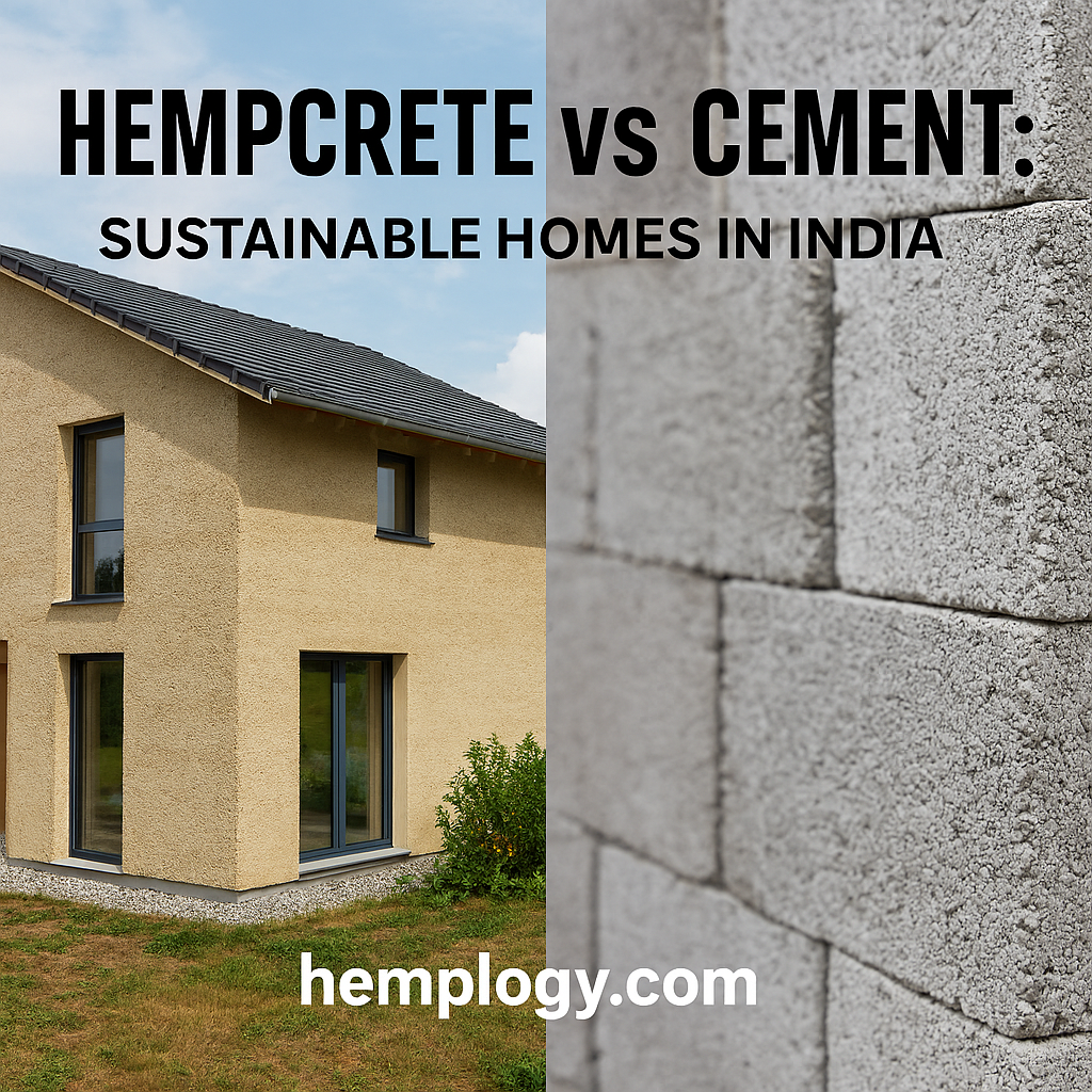 Split-screen image comparing a modern hempcrete home with traditional cement blocks, highlighting sustainable construction in India.